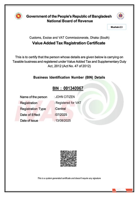 Bangladesh VAT registration certificate Word and PDF template